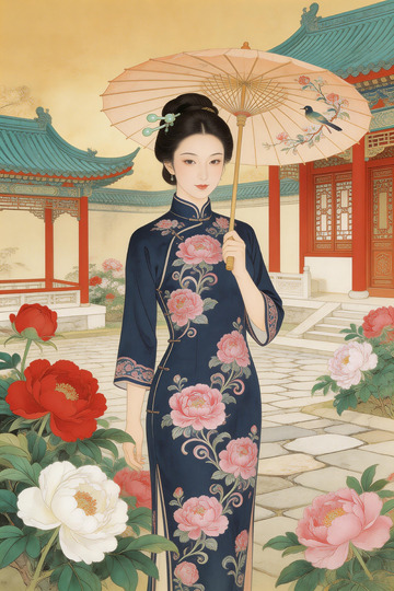 旗袍仕女古风庭院插画