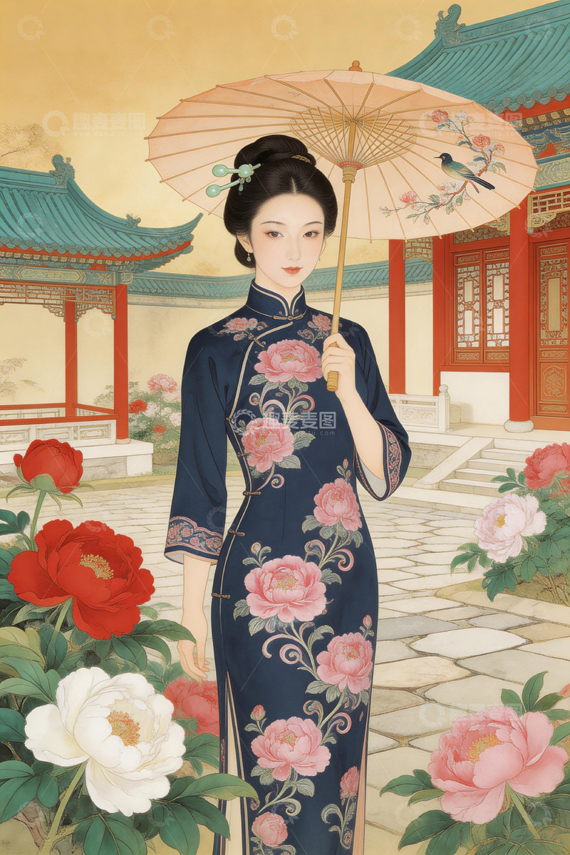 高清大图下载【趣麦麦图】旗袍仕女古风庭院插画