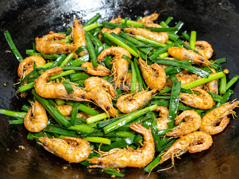 高清大图下载【趣麦麦图】炒虾炒蒜苗美食摄影图片