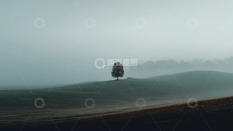 高清大图下载【趣麦麦图】孤树独立的晨雾梦境
