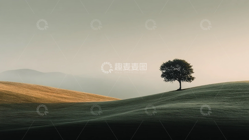 高清大图下载【趣麦麦图】孤寂之树与起伏山丘的诗意对话
