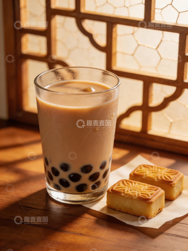 高清大图下载【趣麦麦图】珍珠奶茶与月饼下午茶