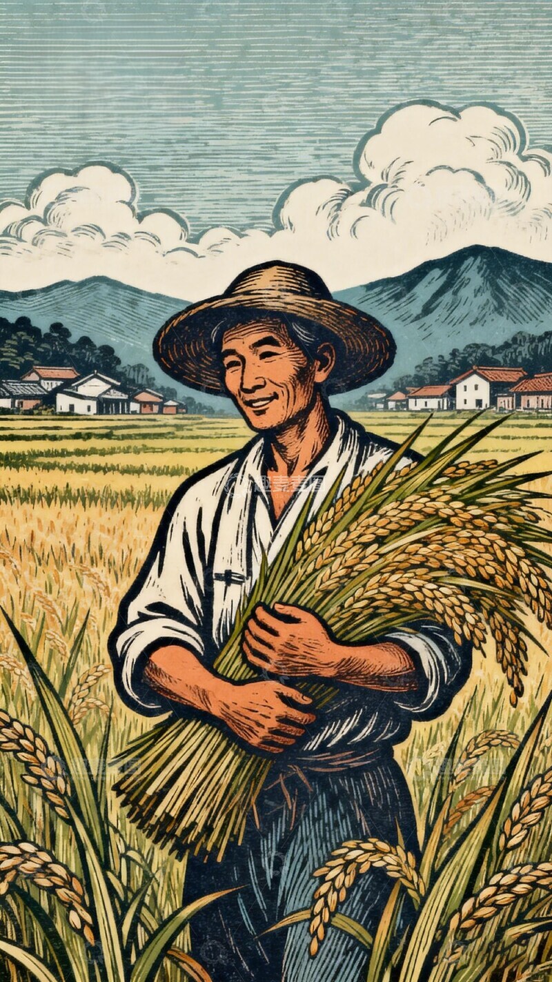 高清大图下载【趣麦麦图】田园风光农民稻谷插画素材