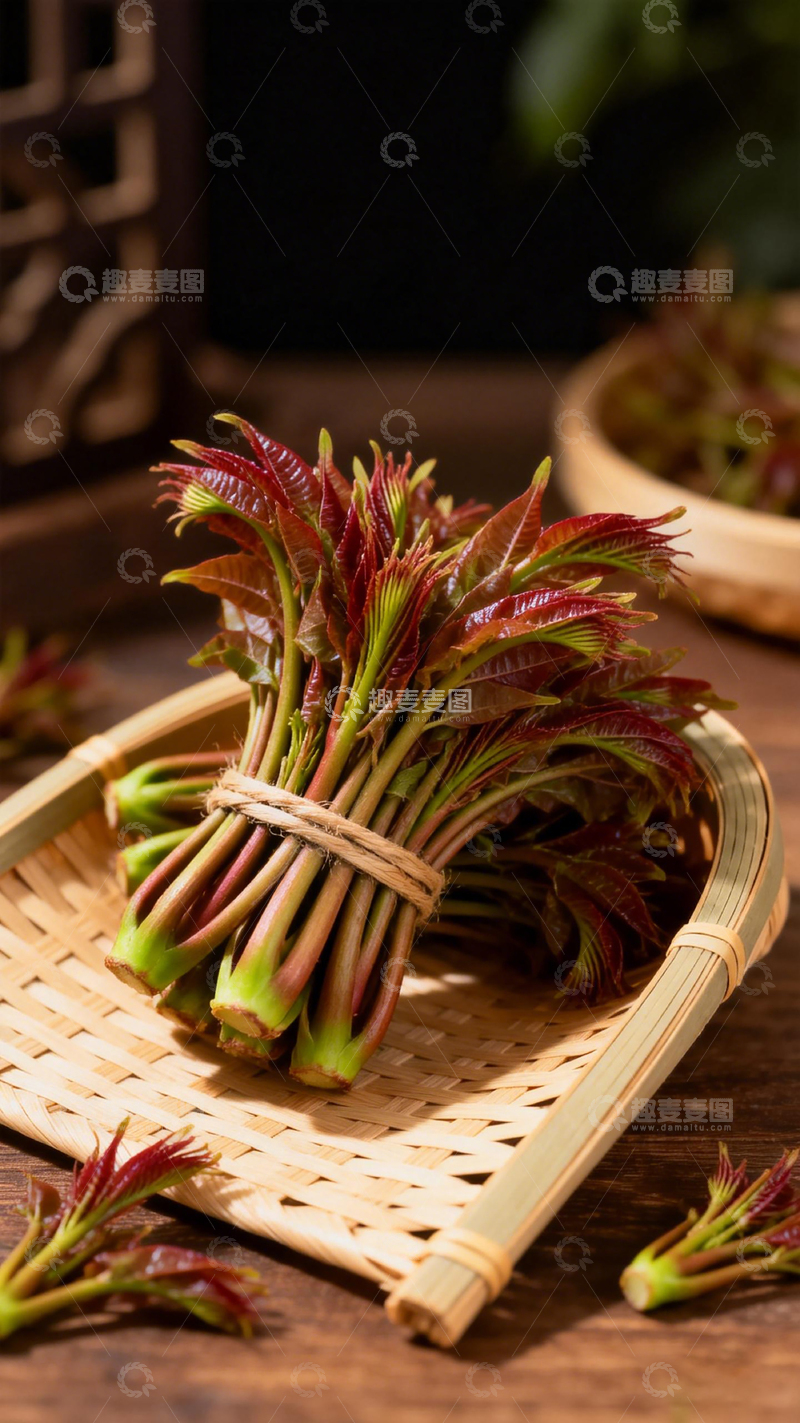 高清大图下载【趣麦麦图】竹篮香椿鲜嫩食材展示