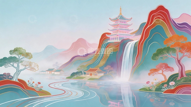 高清大图下载【趣麦麦图】国潮艺术背景风景画10