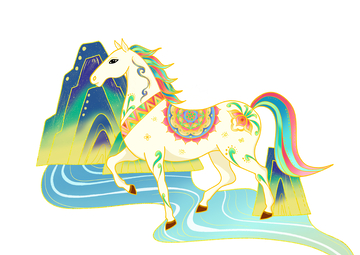 彩绘骏马山水艺术国风插画