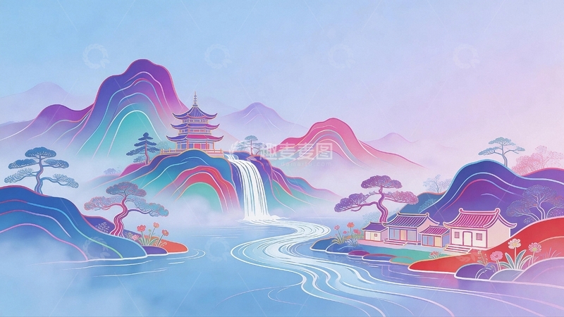 高清大图下载【趣麦麦图】国潮艺术背景风景画9