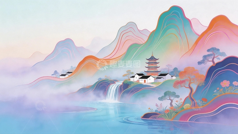 高清大图下载【趣麦麦图】国潮艺术背景风景画11
