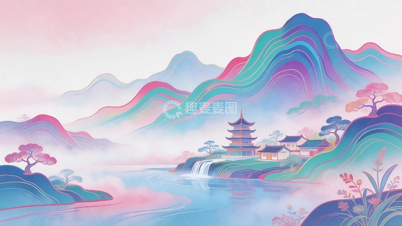 高清大图下载【趣麦麦图】国潮艺术背景风景画2