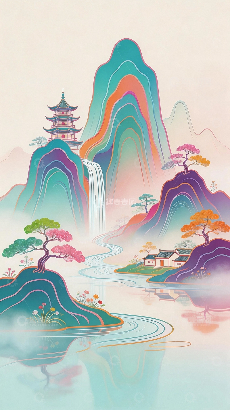高清大图下载【趣麦麦图】国潮艺术背景风景画7