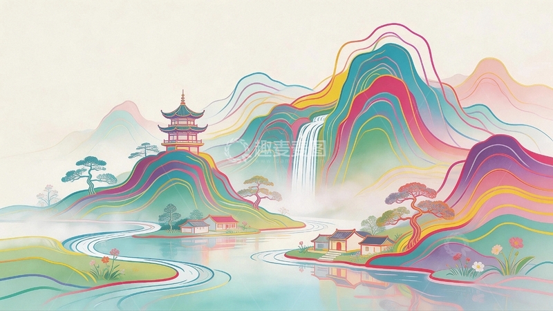 高清大图下载【趣麦麦图】国潮艺术背景风景画1