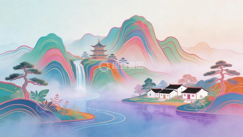 高清大图下载【趣麦麦图】国潮艺术背景风景画3