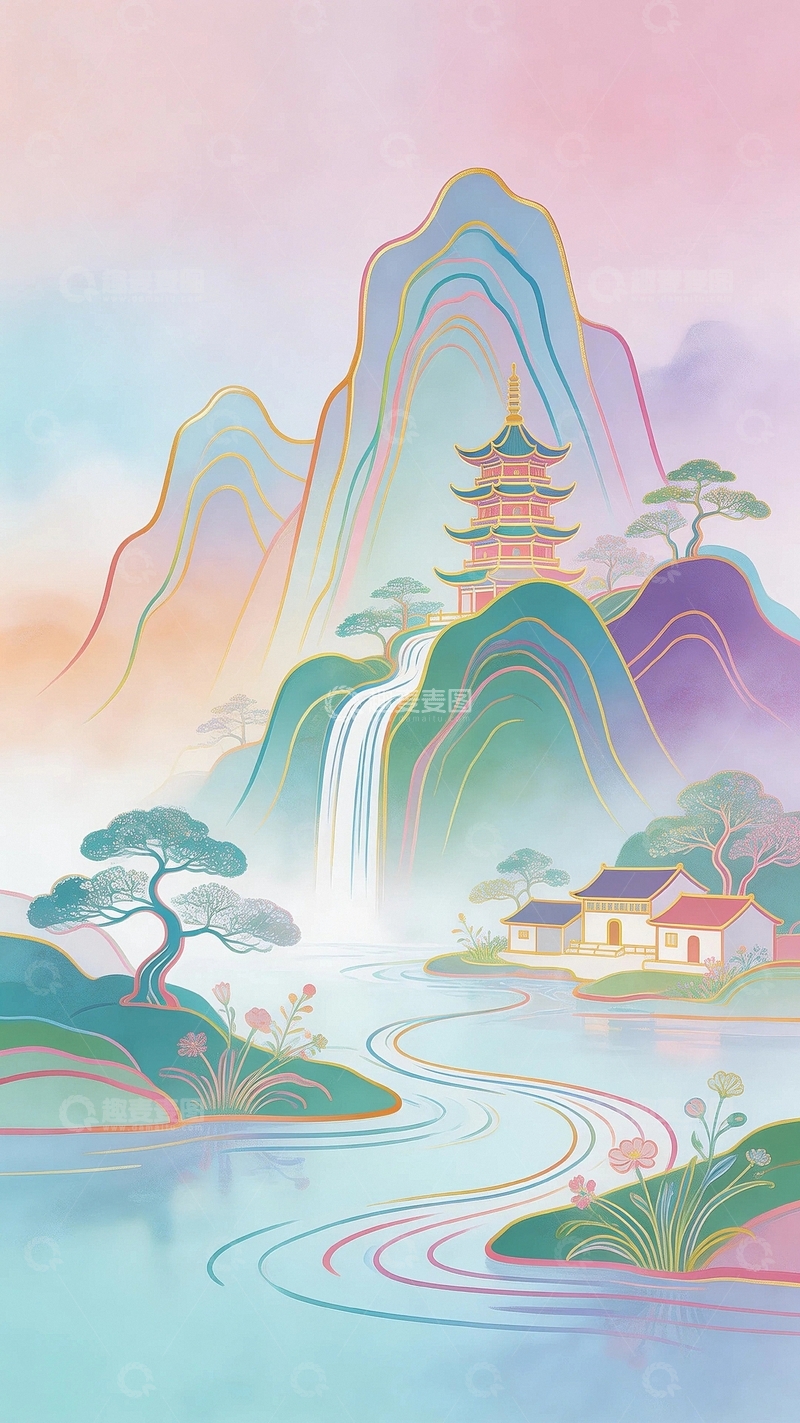 高清大图下载【趣麦麦图】国潮艺术背景风景画6