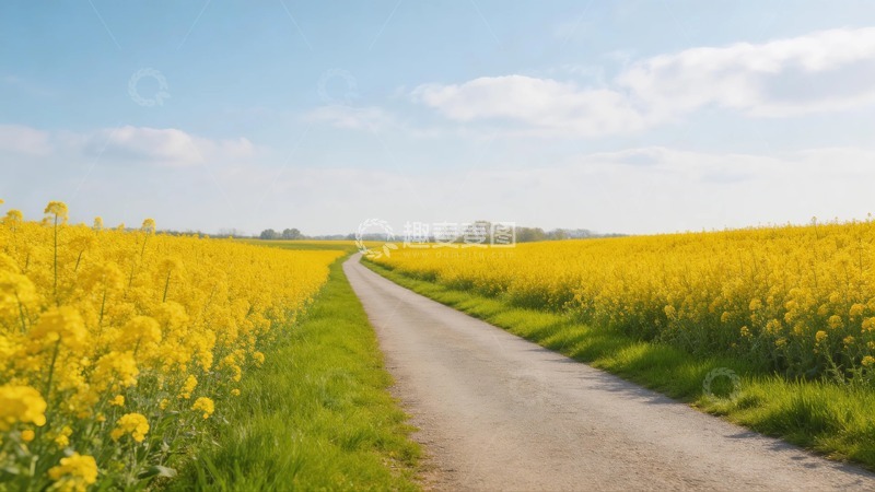 高清大图下载【趣麦麦图】乡村油菜花田小路风景画