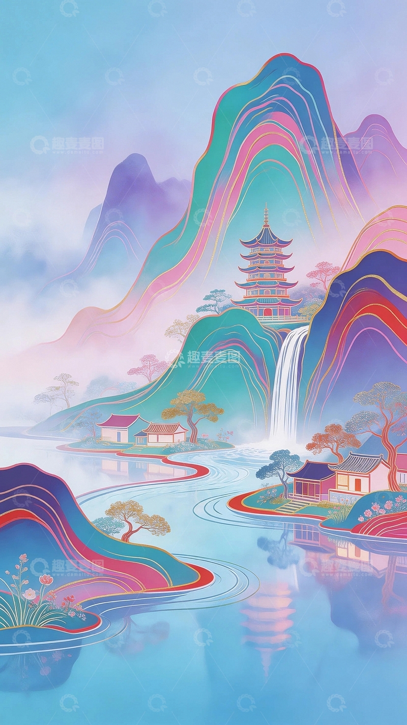 高清大图下载【趣麦麦图】国潮艺术背景风景画5