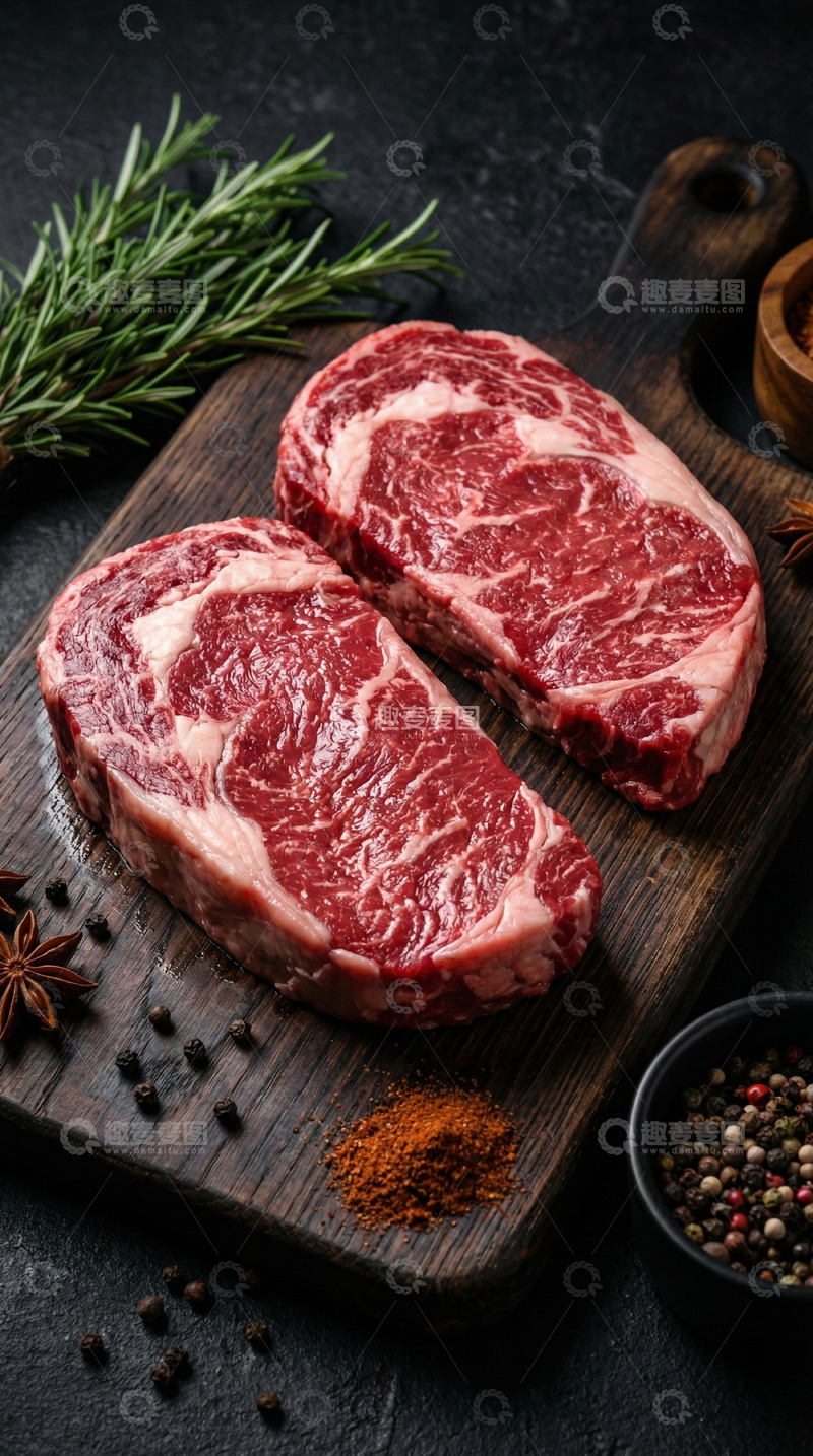 高清大图下载【趣麦麦图】木质砧板牛排调料美食摄影