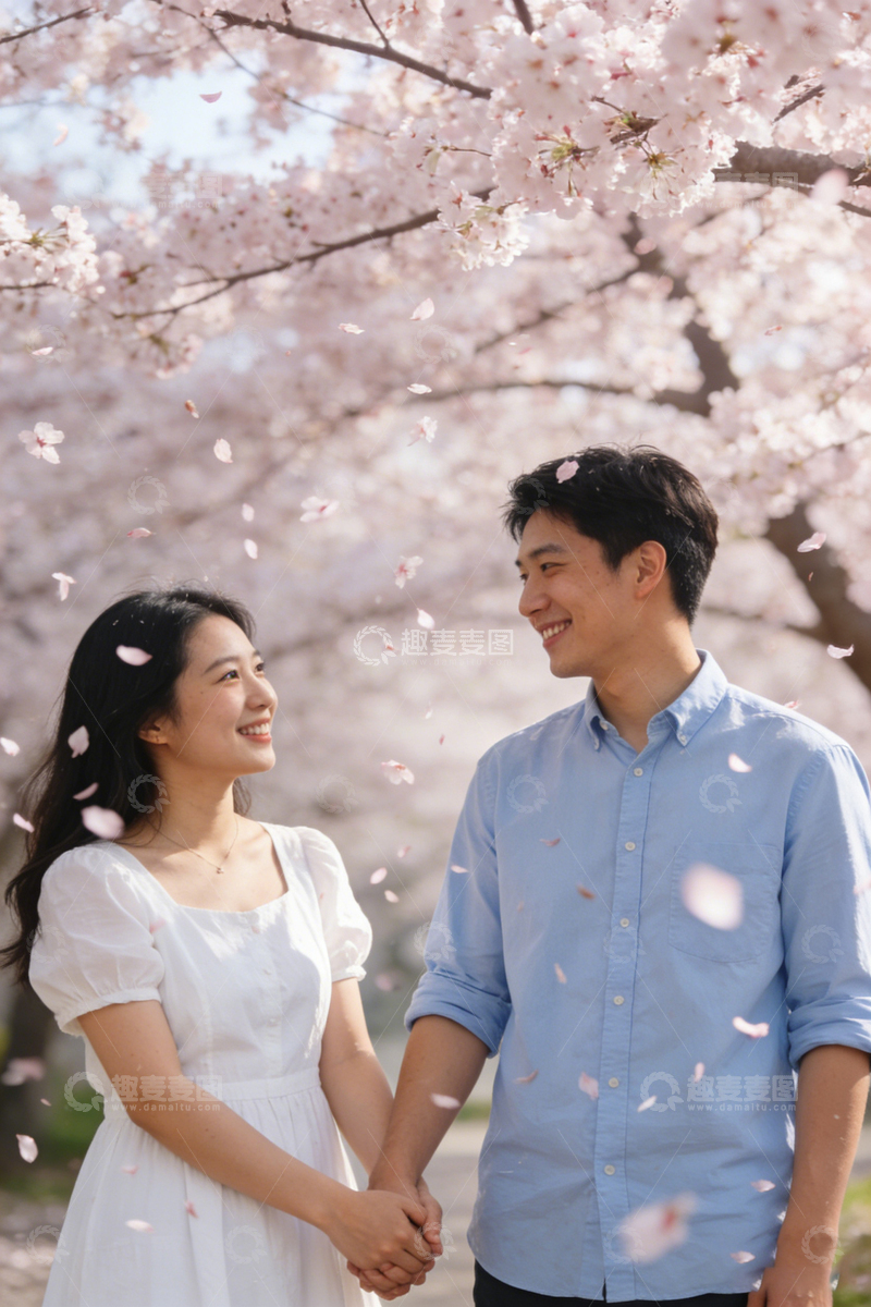高清大图下载【趣麦麦图】樱花下情侣牵手写真
