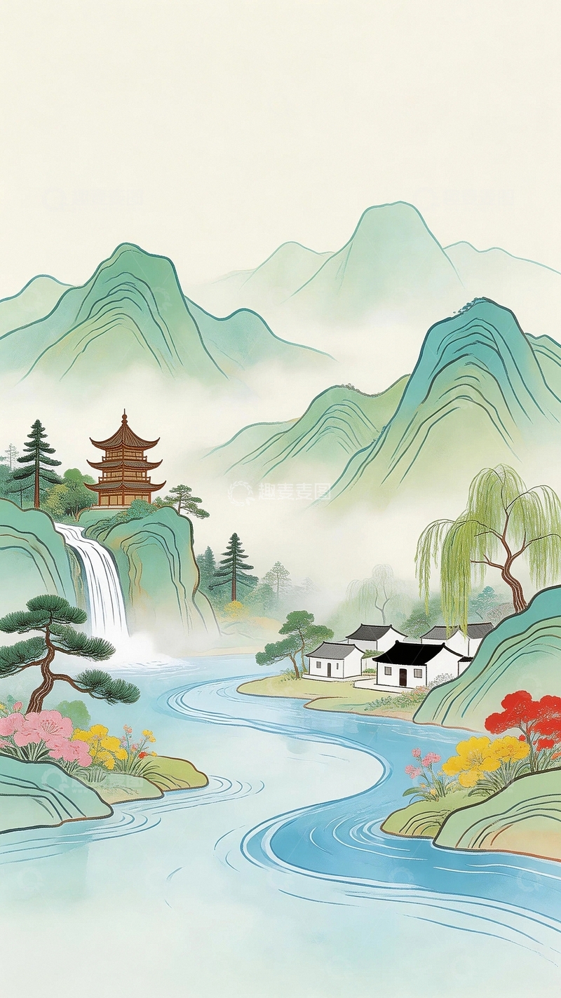 高清大图下载【趣麦麦图】国潮山水画背景10