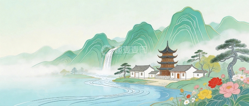 高清大图下载【趣麦麦图】国潮山水画背景3