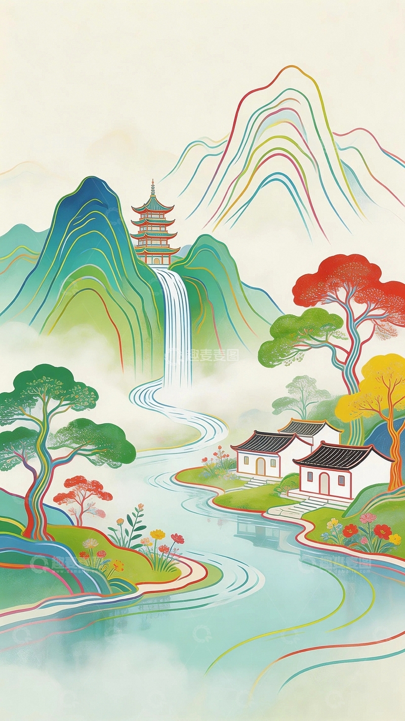 高清大图下载【趣麦麦图】国潮山水画背景5