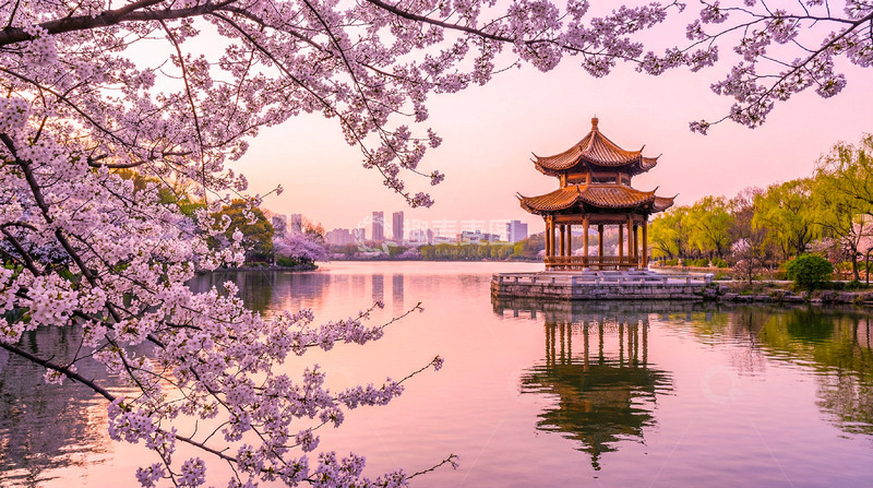 高清大图下载【趣麦麦图】樱花亭台湖畔景
