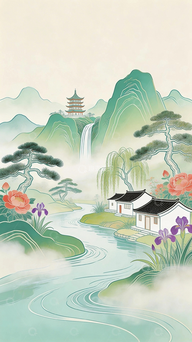 高清大图下载【趣麦麦图】国潮山水画背景8