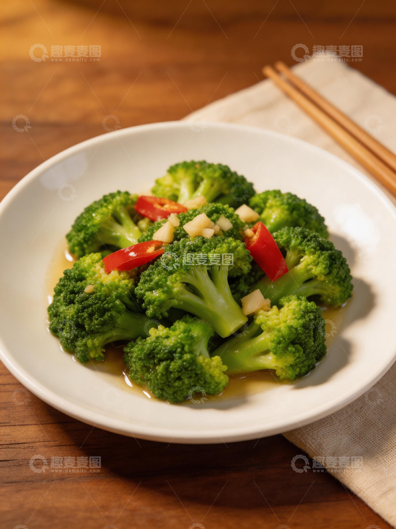 高清大图下载【趣麦麦图】白盘炒西兰花美食摄影