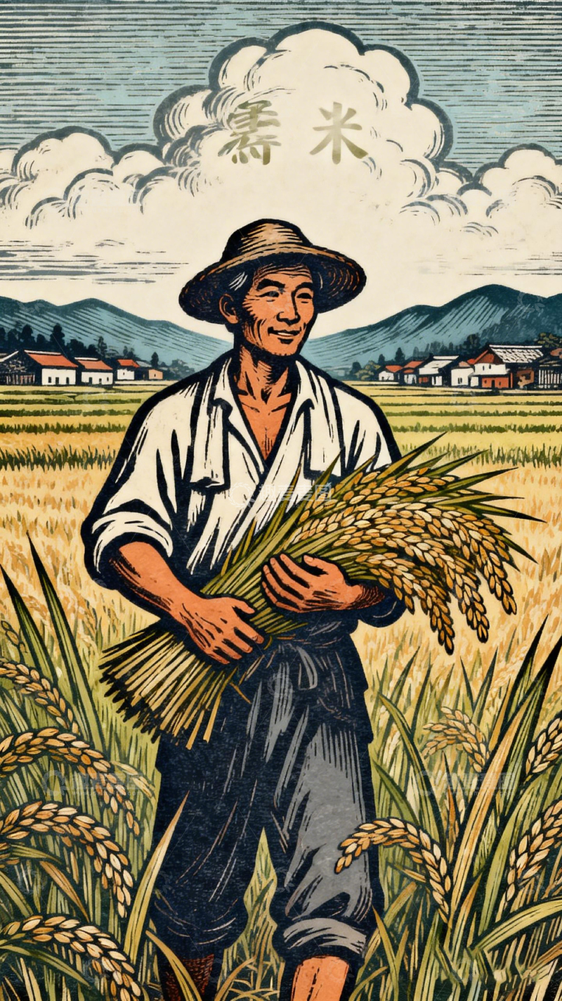 高清大图下载【趣麦麦图】农耕图稻田丰收版画素材