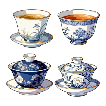 青花瓷茶杯插画设计元素