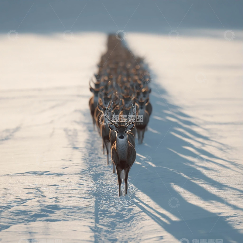 高清大图下载【趣麦麦图】极光下的神秘角鹿队列