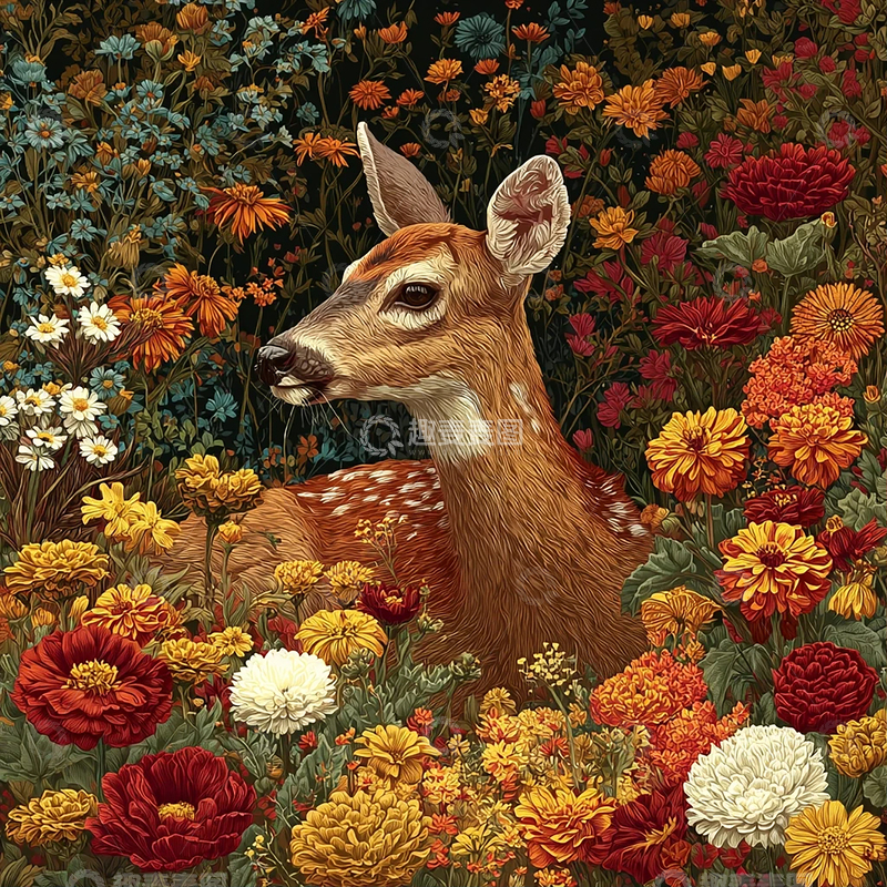 高清大图下载【趣麦麦图】花海中的孤独鹿影梦境