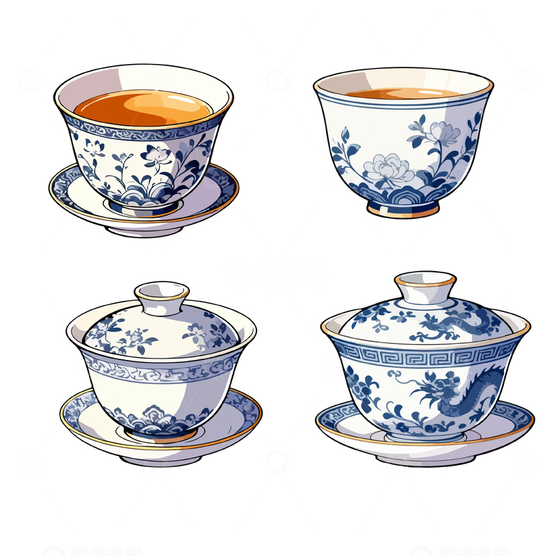 源文件下载【趣麦麦图】青花瓷茶具插画设计素材