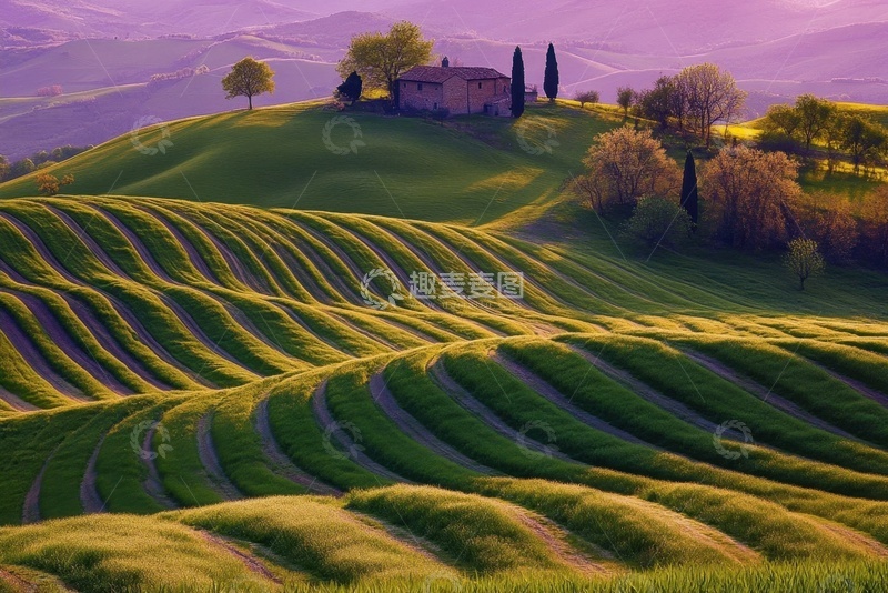 高清大图下载【趣麦麦图】一层层起伏的草地花园小房屋