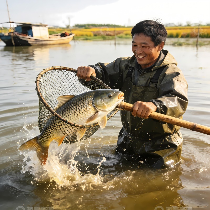 高清大图下载【趣麦麦图】鱼塘捕鱼场景