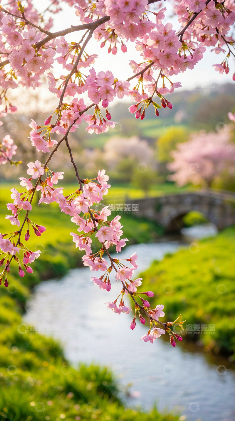 高清大图下载【趣麦麦图】樱花盛开溪流美景