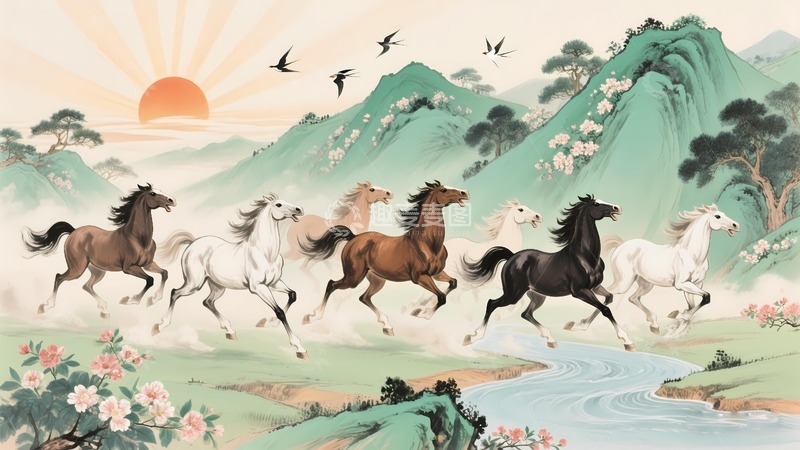 高清大图下载【趣麦麦图】八骏马奔跑马年图1
