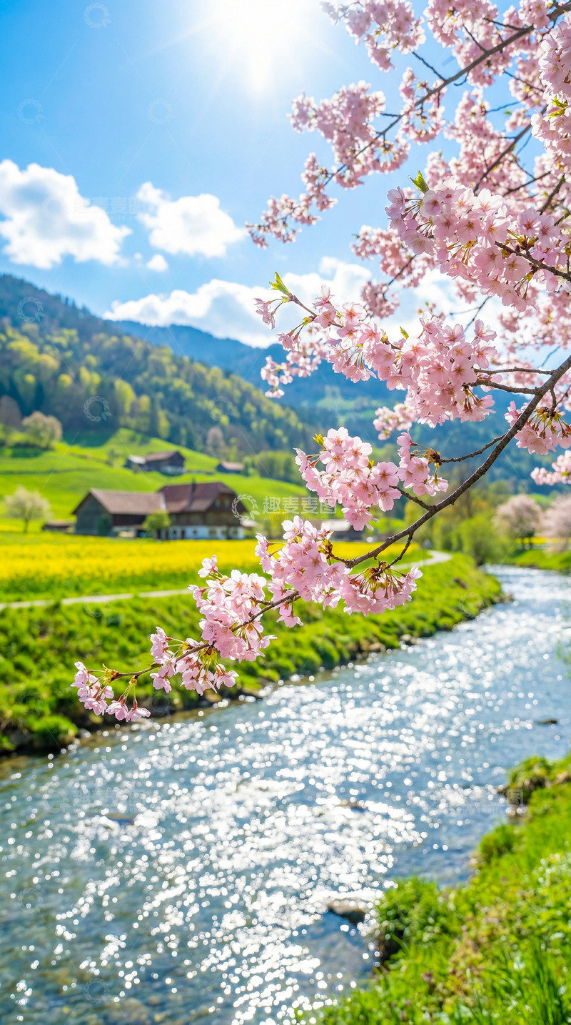 高清大图下载【趣麦麦图】樱花盛开溪畔景