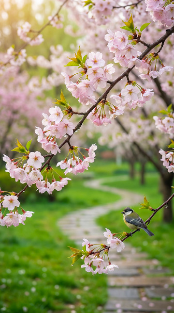 春日樱花小鸟风景摄影
