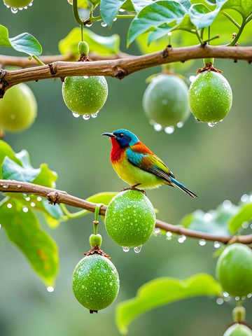 百香果鸟儿果枝风光摄影