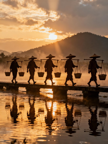 夕阳下劳作剪影风光摄影