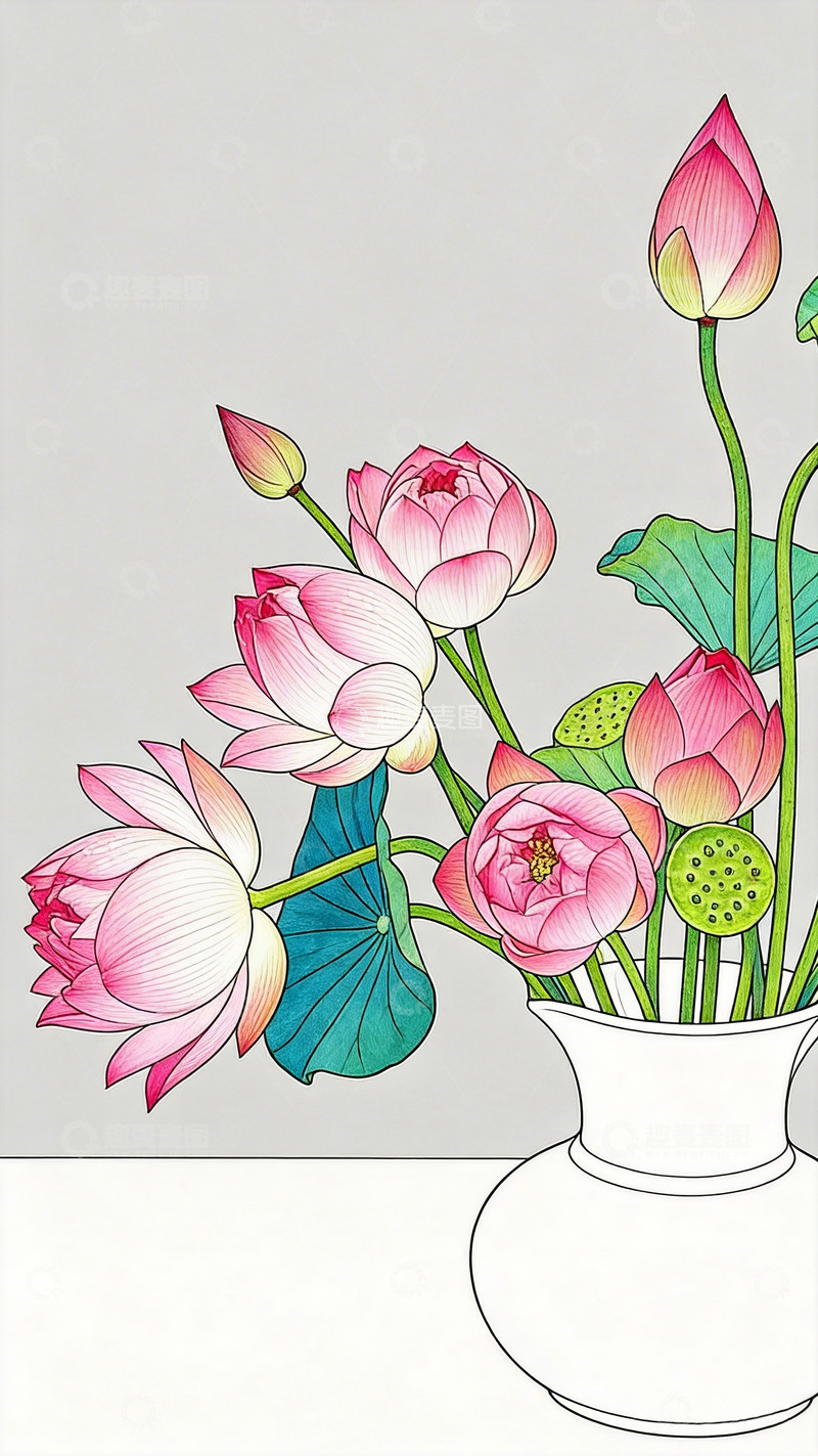 高清大图下载【趣麦麦图】彩绘荷花花瓶装饰画