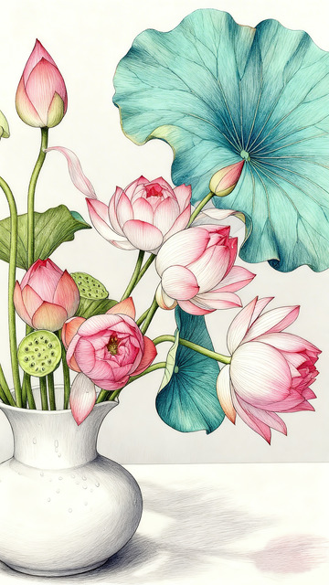 水彩荷花花瓶插画素材