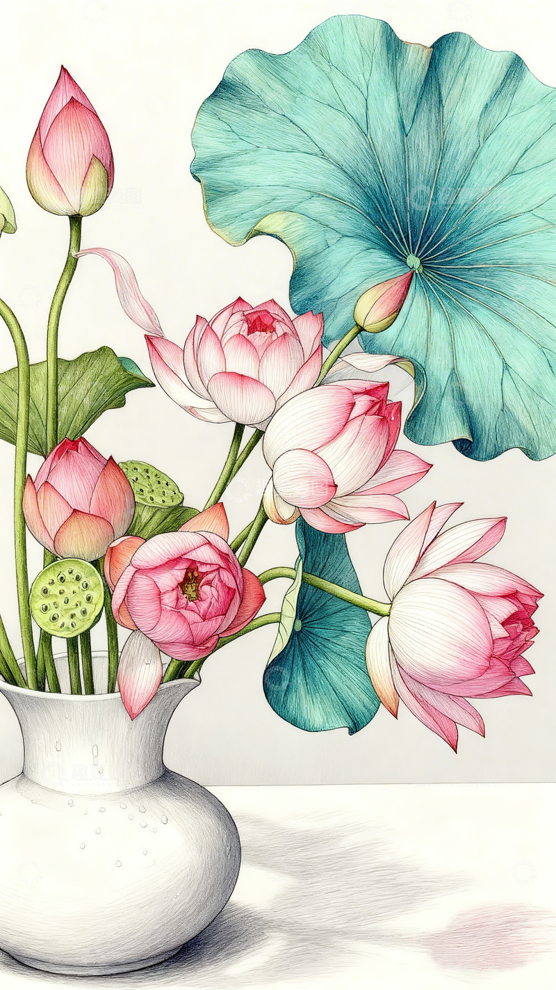 高清大图下载【趣麦麦图】水彩荷花花瓶插画素材