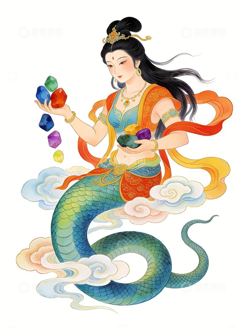 高清大图下载【趣麦麦图】女娲娘娘拿着七彩石补天