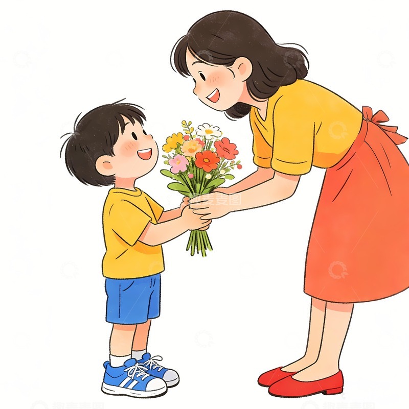 高清大图下载【趣麦麦图】母亲节小孩给母亲献花