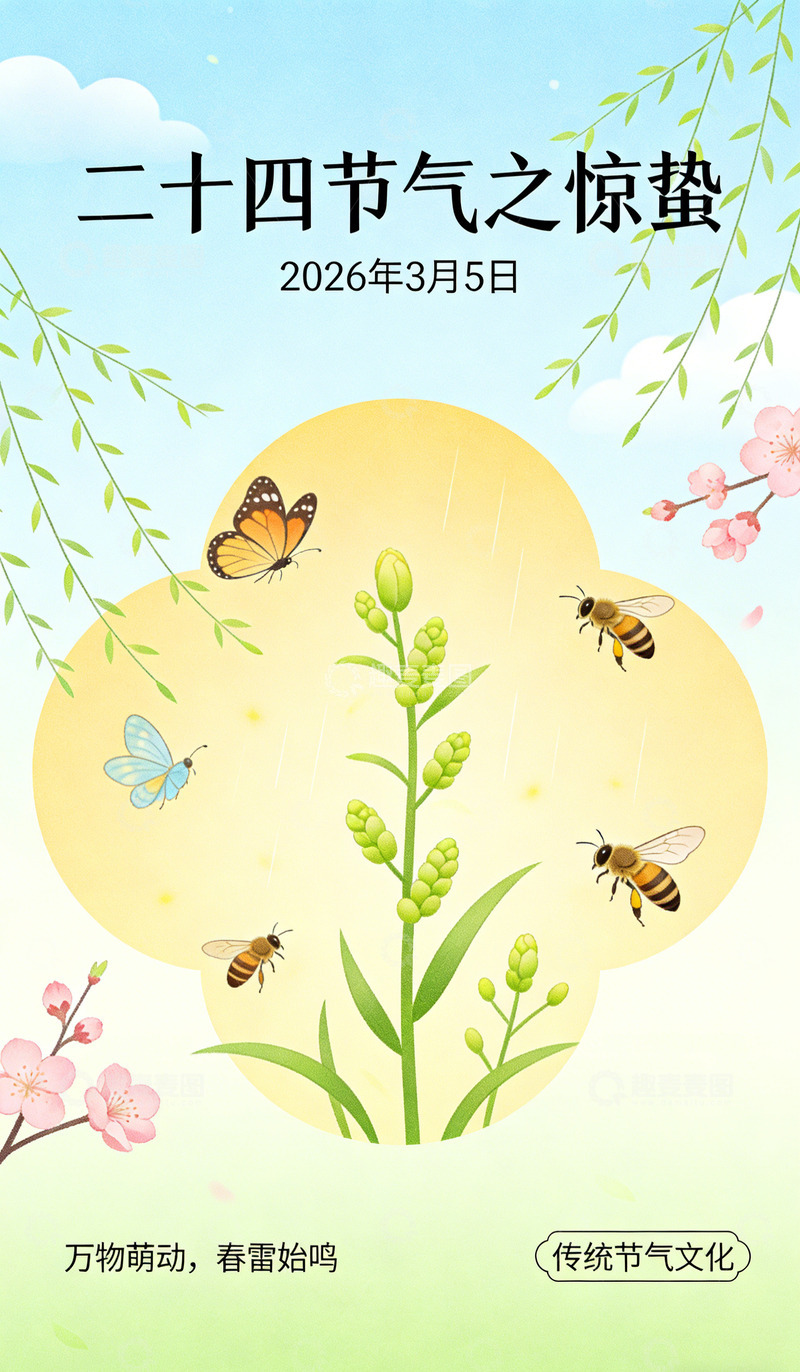 高清大图下载【趣麦麦图】惊蛰节气春季插画