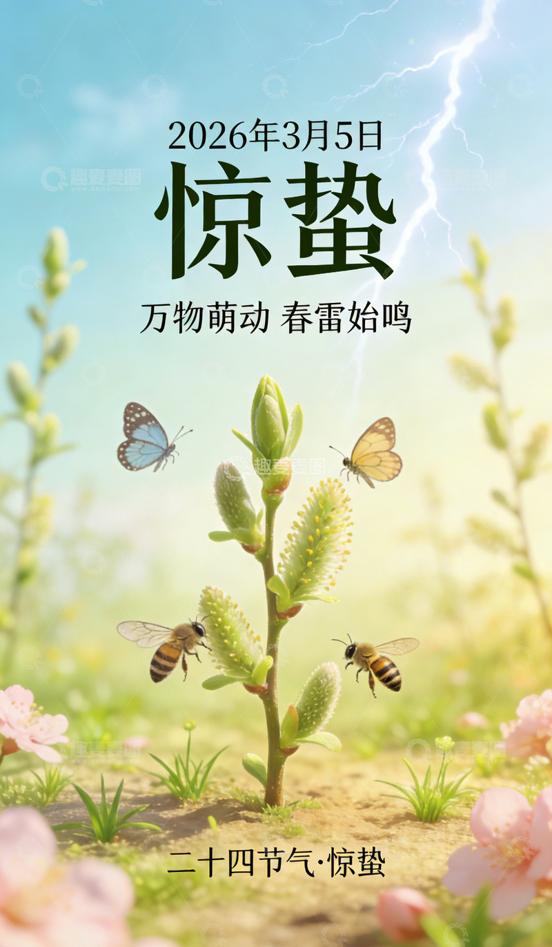 高清大图下载【趣麦麦图】春日惊蛰花卉蜜蜂插画