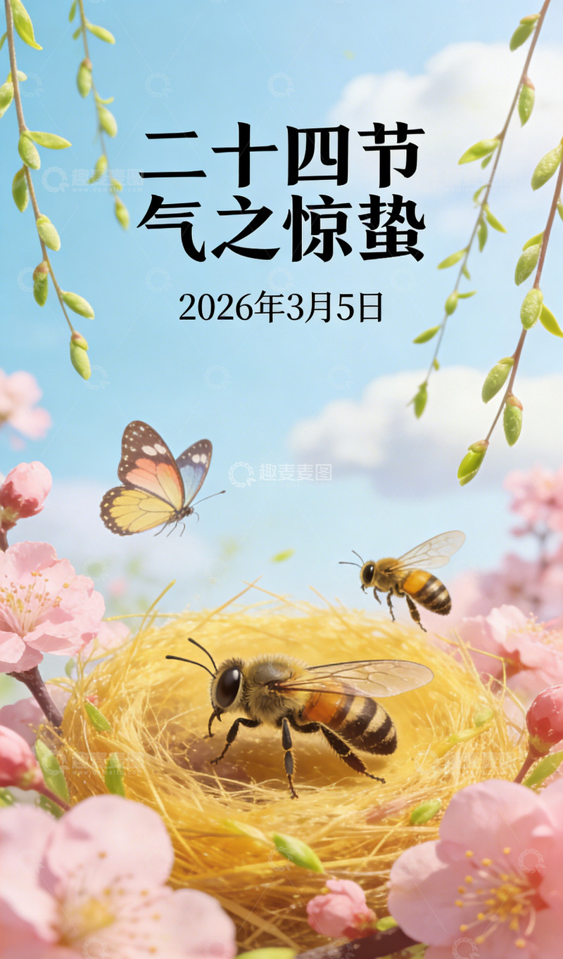 高清大图下载【趣麦麦图】春日惊蛰蜂蝶图