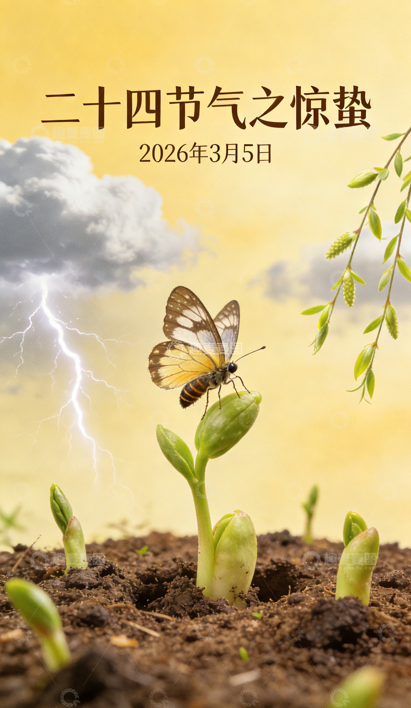 高清大图下载【趣麦麦图】惊蛰节气春芽蝴蝶海报