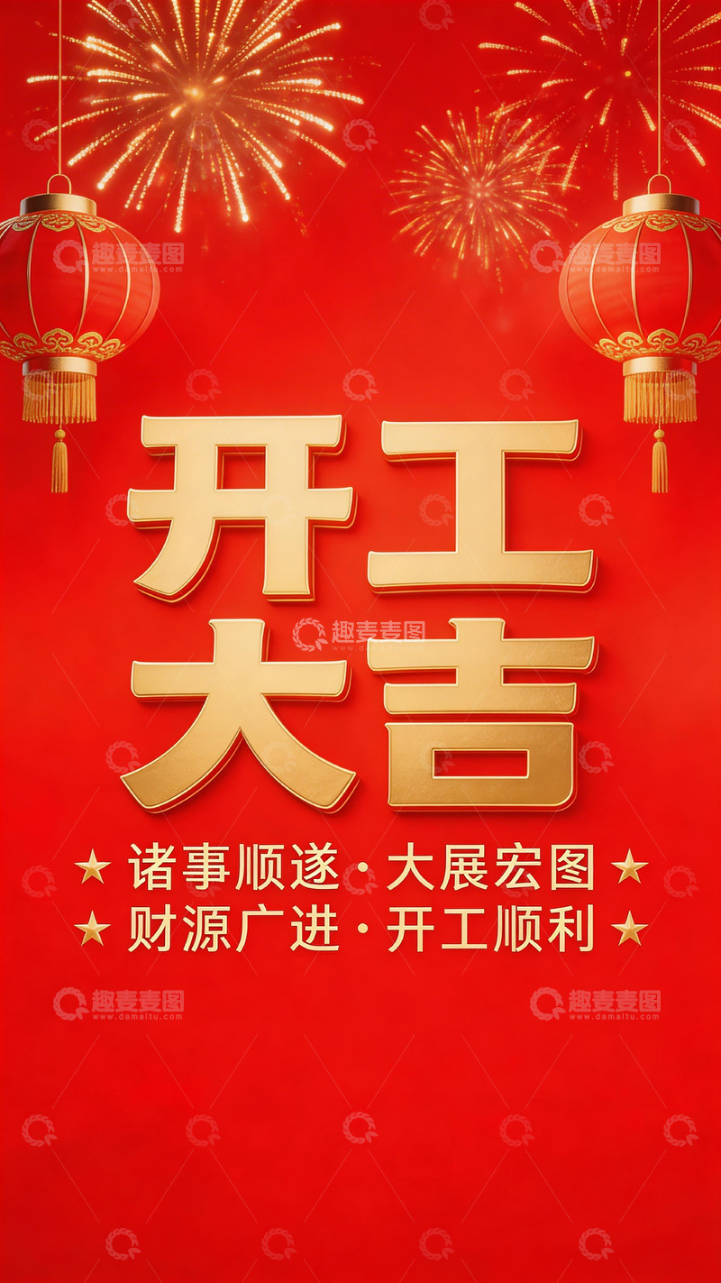 高清大图下载【趣麦麦图】红色喜庆开工大吉海报平面设计